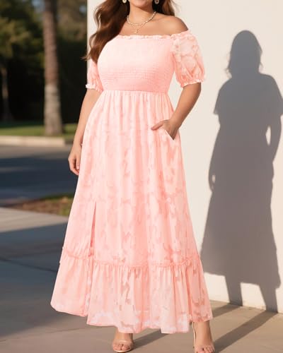 Image of Plus Size Summer Dresses Sun - Maxi Boho Casual Off Shoulder Floral Lace Long Dress with Pockets