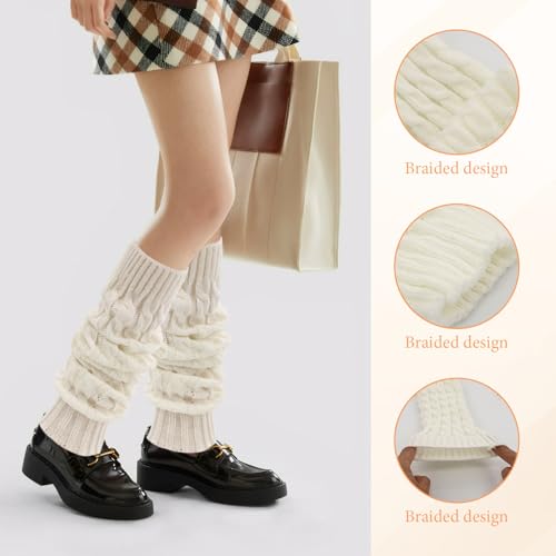4 Pairs Leg Warmers Y2k, Fashion Cute Cable Knit Leg Warmers for Women 80s Sports Party Yoga Accessories (Black, White, Coffee, Light Gray)3