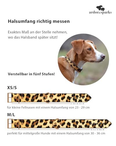 ardor & sparks® Hundehalsband aus weichem Leder - Leopardenmuster - Für kleine und mittelgroße Hunde - Verstellbar - Made in Germany - XS/S
