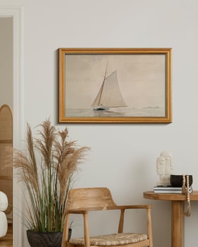 Image of HUARCEY Gold Framed Vintage Wall Art for Living Room, Seaview Painting Prints Shelf Decor for Kitchen, Aesthetic Bedroom Large Wall Art, Gifts for Friends or Family (White Sailboat - 16 inchx24 inch)