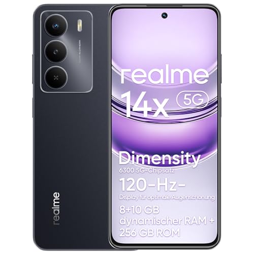 realme 14x 5G-Smartphone, 18 GB Dynamic RAM, 256 GB ROM, augenschonendes 120-Hz-Display, 50-MP-Kamera, 5000-mAh-Akku, Stoßfestigkeit in Militärqualität, Octa-Core, Schwarz (ohne Adapter)