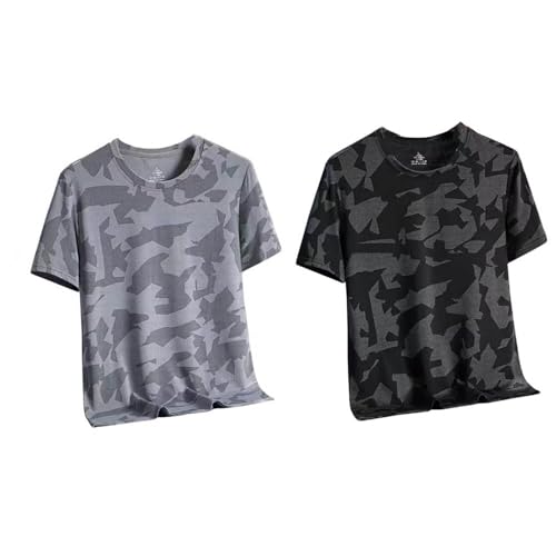 2枚セット tシャツ 半袖 涼しい メンズ ストレッチ ドライ uvカット 接触冷感 インナー 迷彩tシャツ インナーウェア カットソー Uネック 半袖Tシャツ 夏 薄手 迷彩柄 オーバーサイズ ティーシャツ 大人（Amazon）