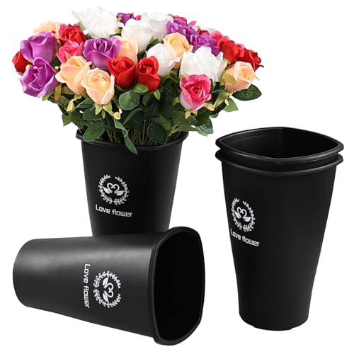 Pekky Black Plastic Flower Bucket, Small Floral Buckets for Cut Flowers, 4-Pack