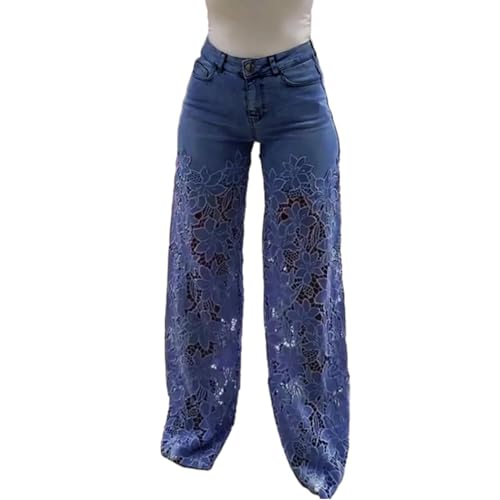 Women's Lace Patchwork Hollow Jeans, Casual Vintage Baggy Straight Wide Leg Denim Pants, Patchwork Floral Jean