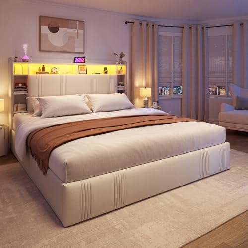 Queen Bed Frame with Storage Drawers, LED & Charging Station, Headboard, Shelf - Beige