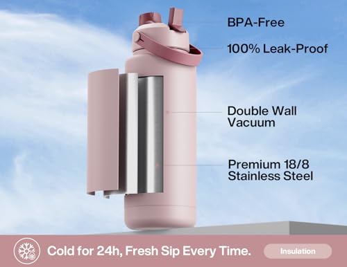 Image of POWCAN 40 oz Insulated Water Bottle with 2-in-1 Straw and Spout Lid, Keep Cold 24H, Leak-Proof, BPA-Free, Double Wall Stainless Steel Water Bottle for Sports, Gym, Travel, and School (Dried Rose)