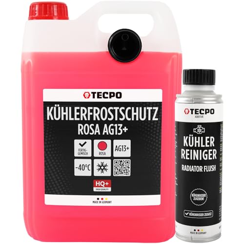 TECPO Anticongelante anticongelante AG13+, 5 litros con limpiador de radiador, líquido refrigerante rosa rojo -40 °C, listo para usar, tecnología LOBRID, hasta 5 años de vida útil