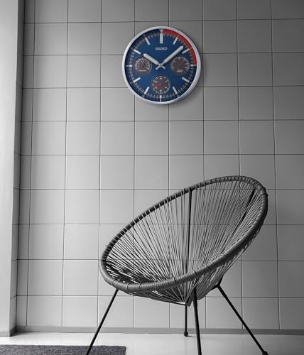 Image of Seiko Aluminium Case Silent Sweep Quartz Wall Clock | Silver Frame & Blue Dial with Thermometer & Hygrometer (Size: 33 X 4.9 cm) QXA822S