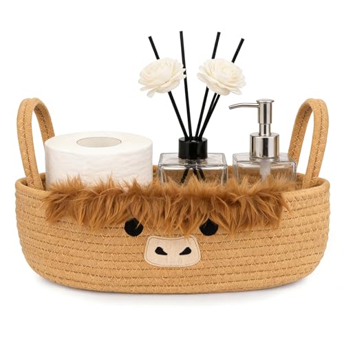 Hkojewp Toilet Highland Cute Cow Paper BasketOval Woven Bathroom Organizer Toilet Tank Storage Basket Decorative Shelves Rope Cotton Bin with Handles Wedding Empty Towel Paper Holder 13D x 7.48H
