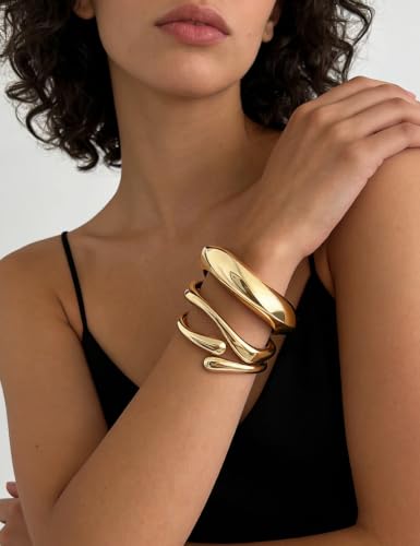 Image of Chunky Gold Bangle Bracelets for Women, Dainty 14k Gold Plated Big Stackable Bangles Set, Trendy Statement Cuff Bracelet Stack Fashion Jewelry Gifts