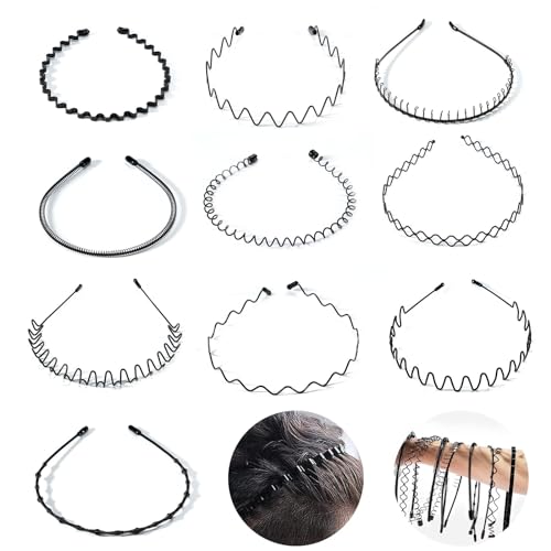 10 diademas de metal para el pelo, para hombres y mujeres, con dientes antideslizantes, color negro, antideslizantes, elásticas, modernas, accesorios de peinado para deportes.