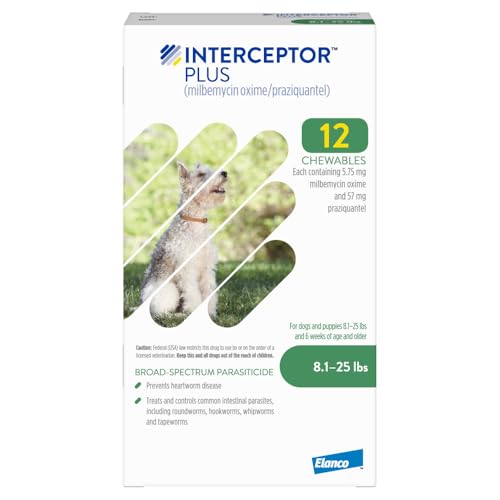 Interceptor Plus Prevention for Heartworm + 4 Other Worms for Dogs 8.1-25 lbs. | 12 Chews, 12-Month Supply