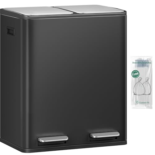 Hzuaneri Poubelle Cuisine, 60L (2 x 30 L), Poubelle Tri Selectif 2, Poubelles Tri avec Pédale Acier Inoxydable, Ilencieux et retombe lentement, avec 15 Sacs...