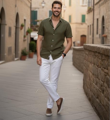 Image of Glowic Men Linen Shirt Casual Regular Fit Solid Stylish Summer Wear Shirt for Office Party Beach Holiday Lightweight Breathable Fashion Shirt