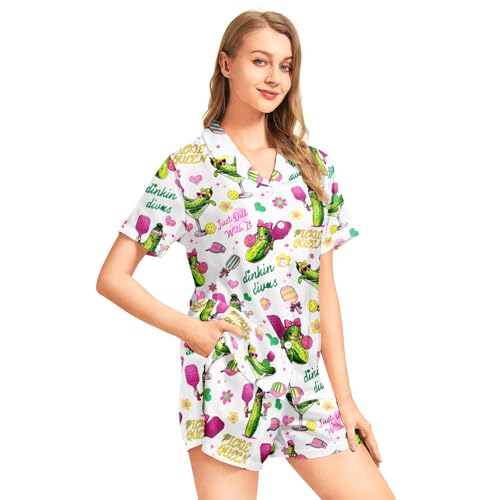Image of Funny Pajamas for Women Set Print Satin Loungewear Pjs Short Sleeve Button Down Top and Shorts Sets Sleepwear XS-3XL