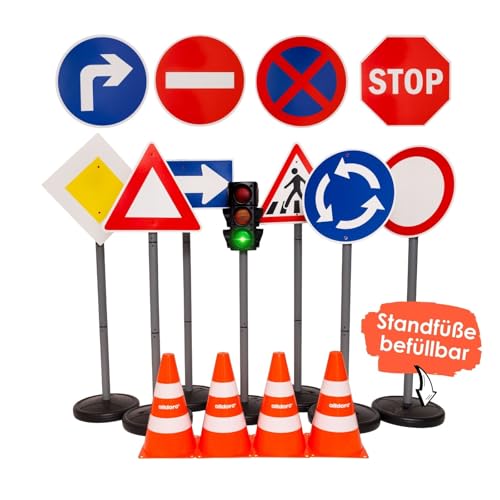 alldoro 60230 XXL-Verkehrsset mit Ampel, 10 Verkehrsschildern (75 cm) & 4 Pylonen, Verkehrserziehung für Kinder, Indoor & Outdoor, Orange