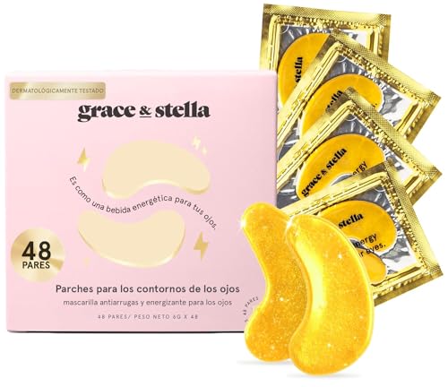 grace & stella Parches para Ojeras y Bolsas Mujer - Parches Antiarrugas y Antiojeras con Ácido Hialurónico Premiados - Veganos y No Testados en Animales [48 Pares, Dorado]