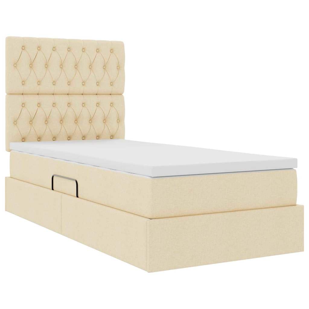 Cama de piel sintética con espacio de almacenamiento, cama elevadora lateral 90 x 190 cm, color crema, poliéster, incluye colchón y mecanismo de elevación hidráulica, altura de la cama de 48,5