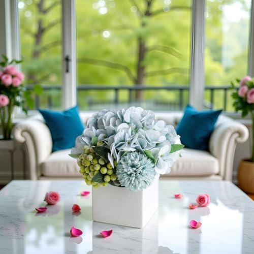 LADADA Fake Flowers in Ceramic Vase,Faux Hydrangea Flower Arrangements for Home Decor Artificial Flowers with Vase - Image 5