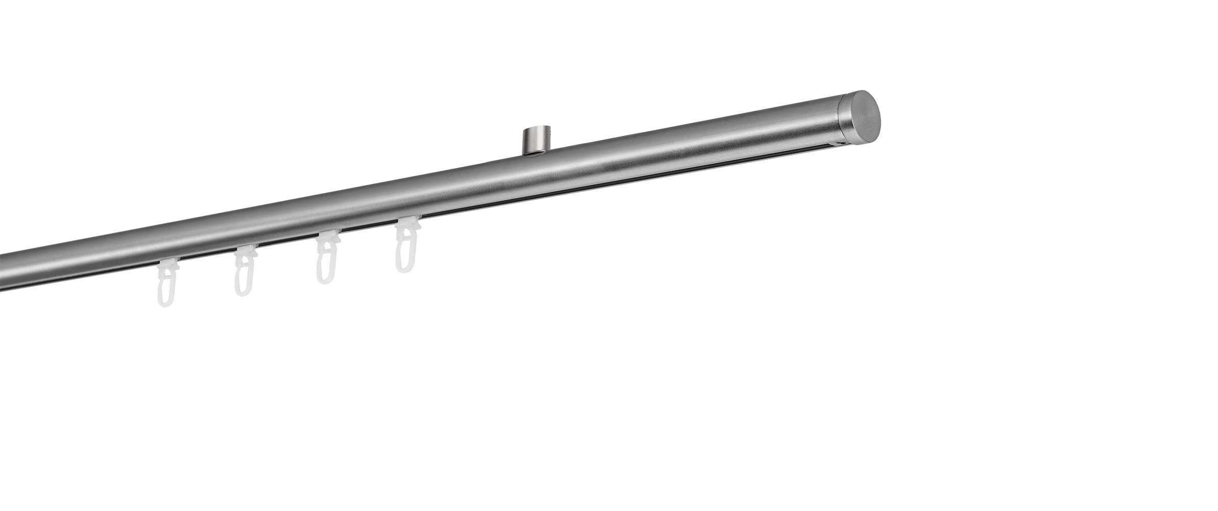 Gardinenstange auf Maß Innenlauf 20mm Match 1-lauf Vorhangstange Deckenträger 1,5cm Stilgarnitur mit Gleiter für Vorhänge Edelstahl-Optik 230cm