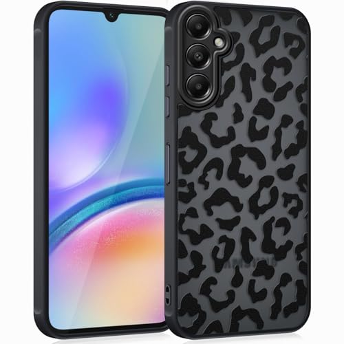 Coqinen Handyhülle für Samsung Galaxy A05S Hülle Matt Transluzente Case mit Stilvolle Leopard Muster Silikon Aesthetic Schutzhülle mit Kratzfeste PC Rückseite + Stoßfest TPU Bumper - Schwarz