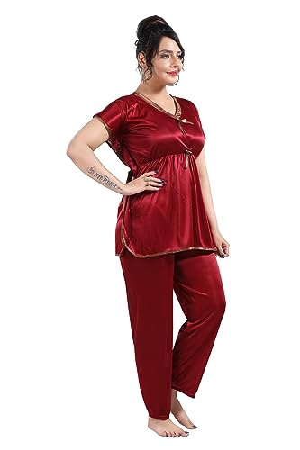 Image of Fabme Women's Satin Plain Kaftan Top & Pyjama Set