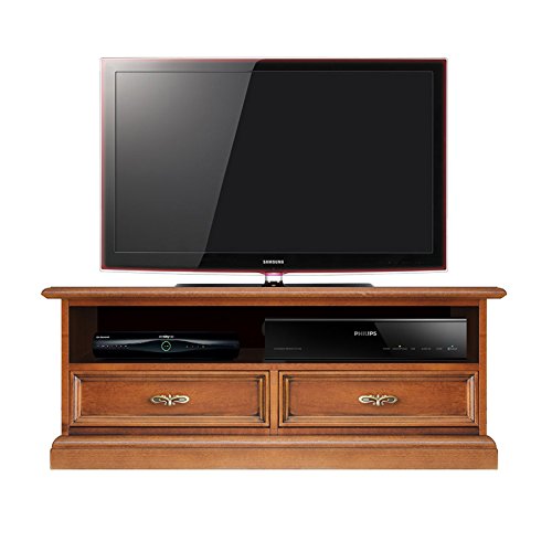 Arteferretto Mueble de TV, Mueble de salón en Madera, Mueble bajo de salón con 2 cajones y vano Abierto para la Barra de Sonido, Mueble Estilo clásico, Color Cerezo