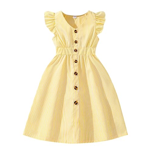 BILIKEYU Girls Striped Summer Dress Flutter Sleeve V Neck Buton Down High Waist A-line Swing Dresses for Kids 8