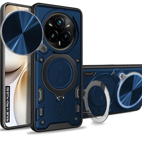 Image of AESTMO Armor Realme 14 Pro Plus 5G Bumper Back Case Cover | Ring Holder & CD Pattern Sliding Camera Shutter Cover | Back Case Cover for Realme 14 Pro Plus 5G (Blue)