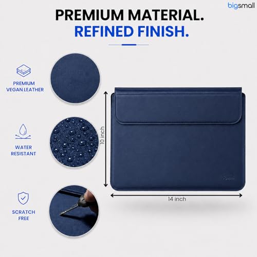 Image of Bigsmall Elevate Pro 14 Inch PU Leather Laptop Sleeve with Adjustable Stand, Compatible with MacBook Air /Pro 14 inch, iPad Pro 13 inch, Dell, HP, ASUS & Other 14-Inch Laptops, Magnetic Closure - Navy Blue