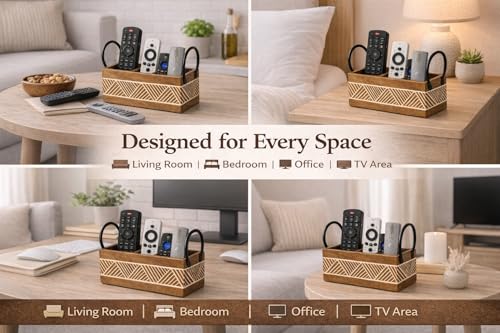 Image of Craft Expertise 3Compartment Remote Control Holder Stand for TV & AC - Wooden & Iron Remote Organizer for Table, Sofa & Bedside | Rustic Brown Decorative Remote | (11 x 4 x 4 Inches)