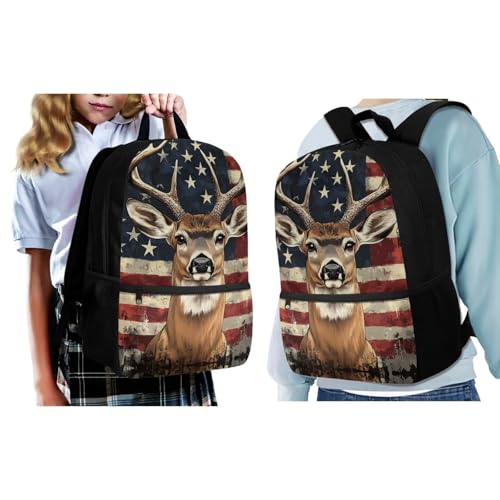 Showudesigns American Flag Deer School Backpack and Lunch Box Set for Girls Boys Elementary Bookbag Lunch Bag Pencil Case Water Bottle Holder 4 In 1 Kids School Bag with Front Pocket Satchel Rucksack2