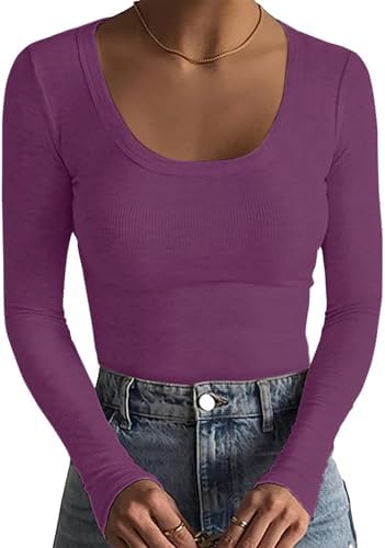 Basicspace Damen Gerippte Tops Schlank Hautfreundlich Basic T Shirt Einfarbig Tops Sexy Dehnbar Lässig Tief U Hals T Shirt Modisch Vielseitig Langarm Shirt