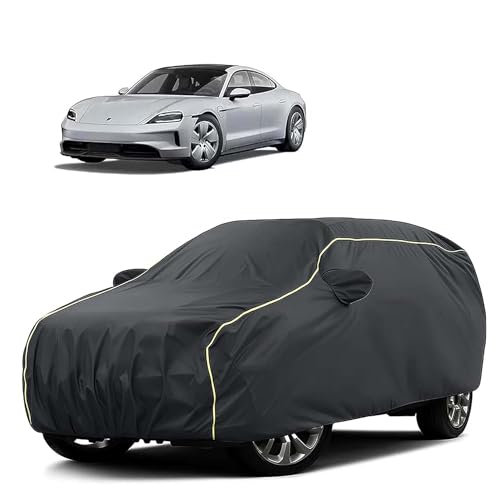 Image of Sulfar 100% Water Resistant Car Body Cover Compatible with Mirror for Porsche Taycan (Triple Stitched, Full Bottom Elastic, Dark Grey Tafetta with Yellow Piping)