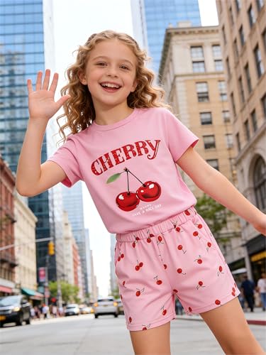 Image of KIDLAGA Girls Two Piece Sets Cherry Pattern Short Sleeve Shirts and Shorts Set With Pockets Girls Summer Outfits Size 7-14