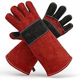 Welding Gloves for Men and Women - 16' Leather 932°F Heat and Fire Resistant Forge MIG TIG Stick Welder Gloves - Also Used for Oven, Grill, BBQ, Furnace, Stove, Fireplace, Animal Handling - Red