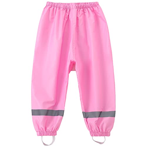 Fewlby Unisex-Kids Pink Rain Pants - L/41.3-45.3 IN, Waterproof, Lightweight, Durable, Adjustable Leg Openings, Side Pockets