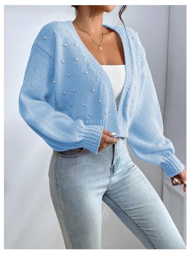 Image of SHENHE Women's Pearl Beaded Open Front Cardigan Oversize V Neck Drop Shoulder Cropped Sweater