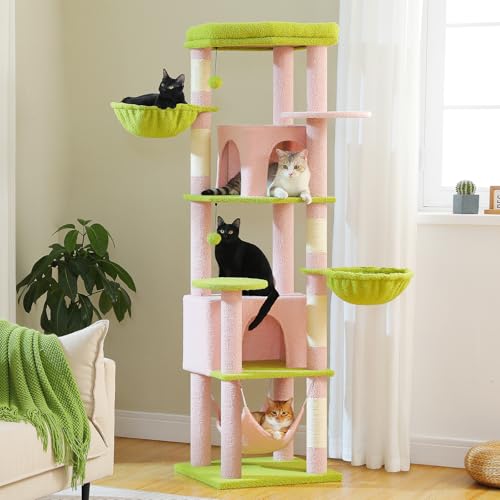Image of MUTTROS 71.2 inch Large Cat Tree for Multi-Cat Households - Heavy-Duty 9-Level Cat Tower w /5 Sisal Scratching Posts, 2 Condos, 3 Hammocks, Extra-Large Perch & Pompoms - Space-Saving, Pink