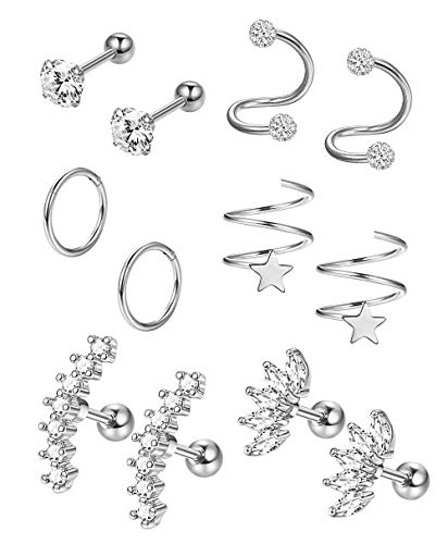 Adramata 6 Pairs Stainless Steel Cartilage Earring Cubic Zirconia Piercing Set for Women Girls Mens Hoop Helix Septum Couch Daith Stud Earring