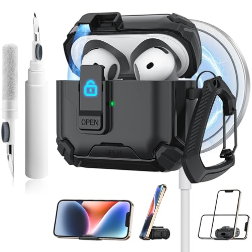 Wanme Funda para AirPods 4.ª Generación, Case Cover con Kit de Limpieza y Llavero, Armadura Protectora Rígida Militar con Bloqueo para AirPods 4 (2024), LED Visible (Negro)