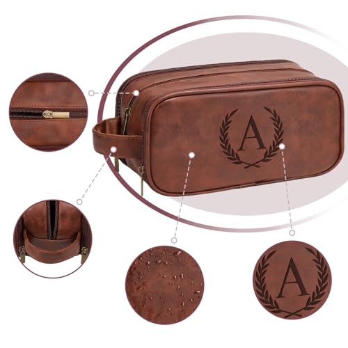 Janhavi Gifts for Father's Day, Waterproof Laser Engraved Initials & Wheat, Make Up Bag for Traveling, Men's Accessories Organizer, Groomsmen Gifts for Him, Travel Essentials(Medium, Red Brown, K)4