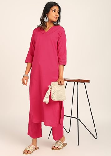 Image of BLOCKS OF INDIA Women's Solid Straight Kurta Set | Hand-Stitched Neck Details with Pintucks | Comfortable Pants with Pockets, Elastic Waist & Drawstring Fit