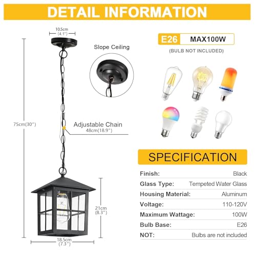 Black Outdoor Pendant Light Fixture Exterior Hanging Lights with Adjustable Chain Waterproof Outside or Indoor Hanging Lantern for Dinning Room Hallway Kitchen Island Porch Doorway(1 Pack)