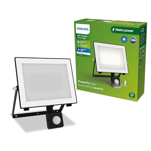 PHILIPS Lois Flutlichtstrahler für den Außenbereich mit Sensor, 50 Watt, 3000K weißes Licht, Schwarz, Tageslicht