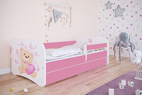 Bjird Kinderbett Jugendbett 70x140 80x160 80x180 Rosa mit Rausfallschutz Schublade und Lattenrost Kinderbetten für Mädchen - Teddybär mit Schmetterlingen 180 cm