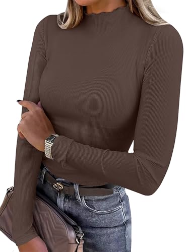 ANRABESS Womens Lettuce Trim Mock Neck Long Sleeve Tops 2025 Casual Dressy Ribbed Knit Slim Fit Tee Shirt Fall Layer Outfits Coffee Large