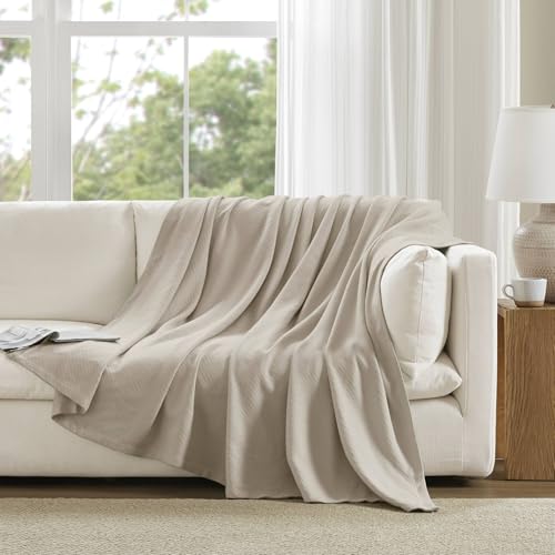 Image of Madison Park Liquid Cotton Blanket All Season, King, Beige | Breathable Fabric for Bed or Couch, Diamond Pattern, Lightweight, Ring Spun Weave, OEKO-TEX Certified, for Summer