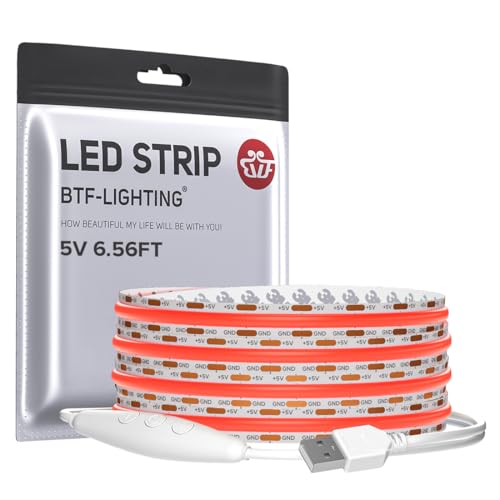 Image of BTF-LIGHTING 5V USB Red Color COB LED Strip Lights Super Bright Dimmable LED Tape Light,6.56FT 320LEDs Flexible Light Strip with Strong 3M Tape for 3D Printer,TV Backlight,Cabinet,Home Lighting