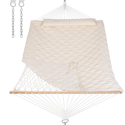 Image of ANOW Outdoor Rope Hammock with Spreader Bars, Hammock Pad and Pillow, Cream